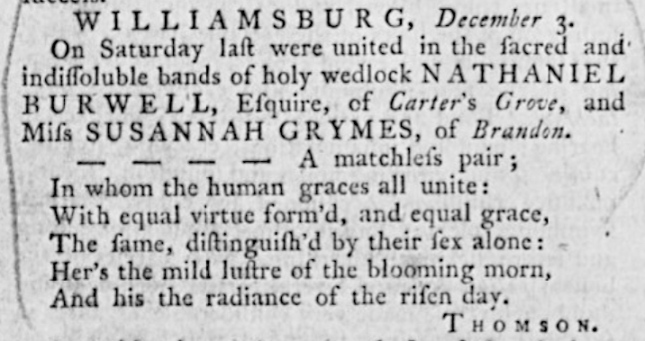 Susannah Grymes married Nathaniel Burwell on November 28, 1772