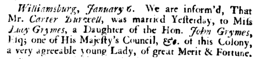 marriage announcement in Virginia Gazette