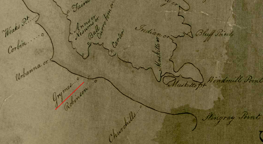 Peter Jefferson's map of the Fairfax Grant noted the Grymes plantation near the mouth of the Rappahannock River