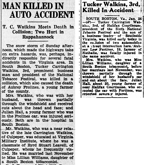Tucker Watkins and another motorist were killed on Januay 26, 1941 in a car wreck