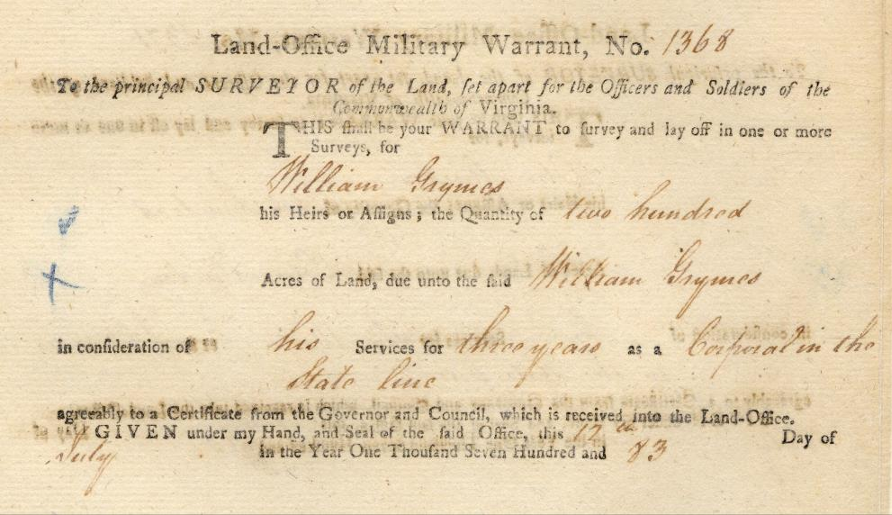 William Grymes earned 200 acres from his Revolutionary War military service as a corporal in the State Line